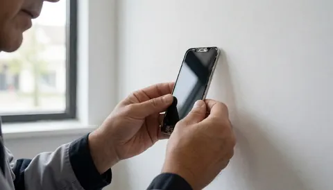 Close-up of hands installing a rear panel on a mobile phone during a repair service
