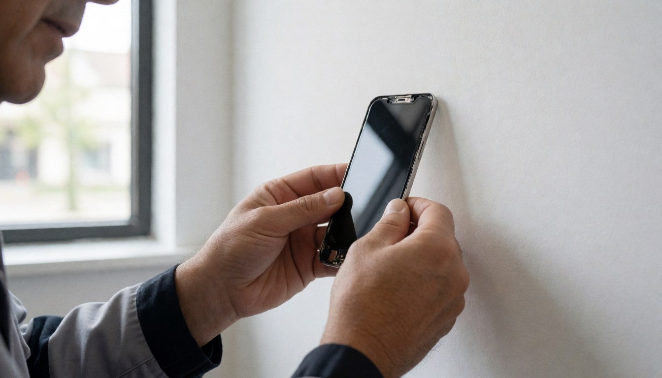 Close-up of hands installing a rear panel on a mobile phone during a repair service