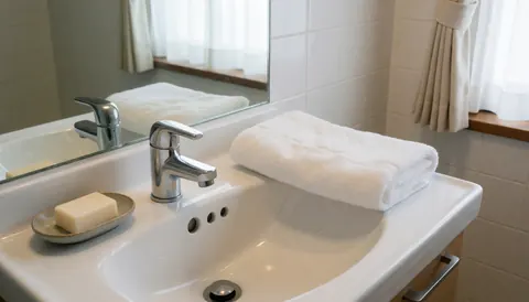 A folded white towel resting on a white ceramic sink next to a soap dish and mirror, suitable for facial cleansing services
