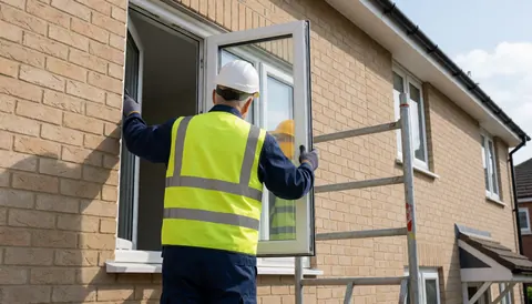 Worker in safety gear installs a white window on scaffolding in front of a brick house under bright sunlight.
