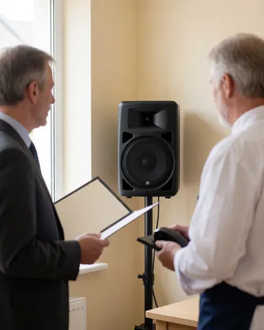 Two men having a conversation next to a black professional speaker in a beige room with natural light.