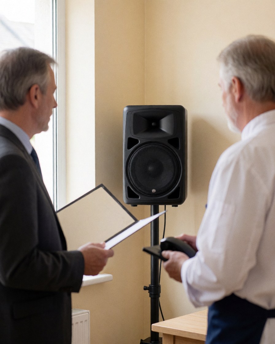 Two men having a conversation next to a black professional speaker in a beige room with natural light.