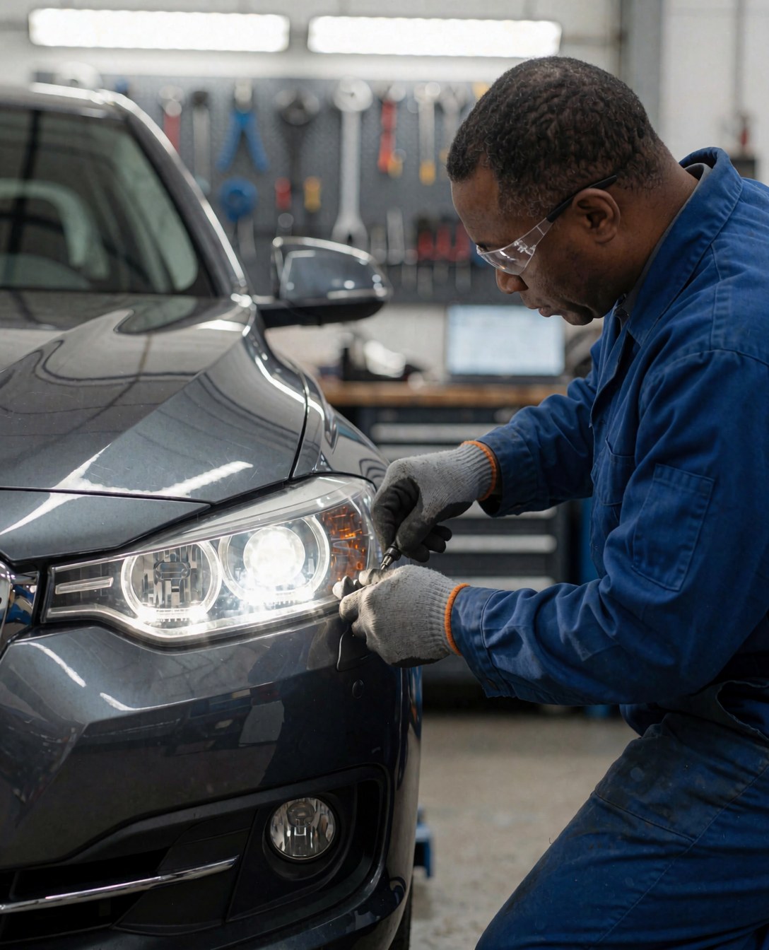 Mechanic wearing safety gear repairing a car headlight in a well-lit garage.