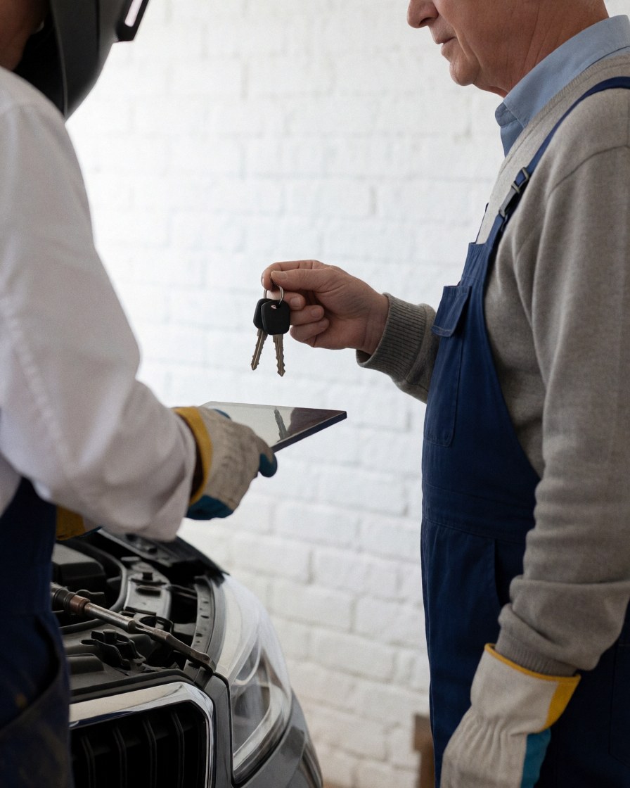 A satisfied customer receiving car keys from a technician wearing gloves in a garage with an open hood and white brick wall