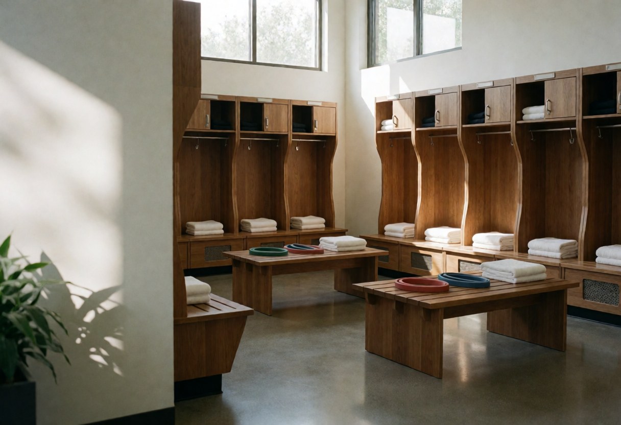 Empty gymnastics locker room featuring wooden lockers, white towels, and resistance bands on benches illuminated by natural light