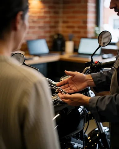 Mechanic displays a clean motorcycle chain to a customer in a workshop with brick walls and warm lighting