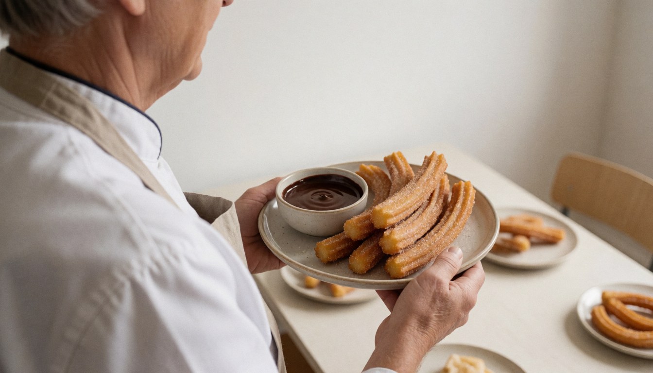 A person wearing an apron serves churros with melted chocolate on a dining table with warm lighting
