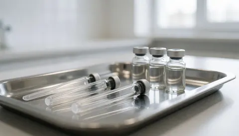 Sterile glass vials and applicators arranged on a stainless steel tray with a blurred clinical background