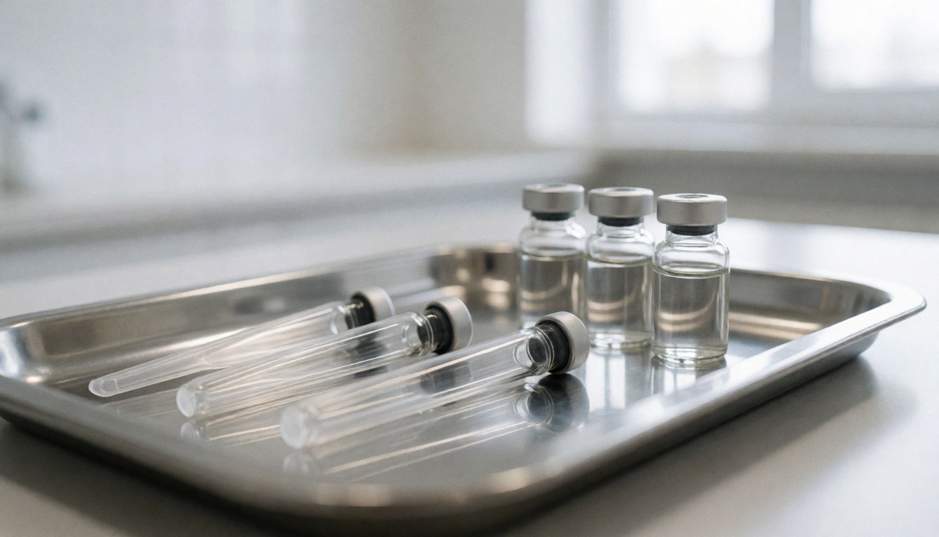Sterile glass vials and applicators arranged on a stainless steel tray with a blurred clinical background