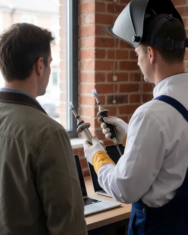 Technician wearing gloves displays a tool to a customer in front of a brick wall with a laptop on a table during a repair service