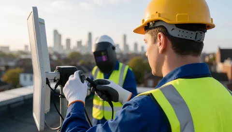 Technician installing high-gain antenna on a rooftop with city background, wearing safety vest and helmet