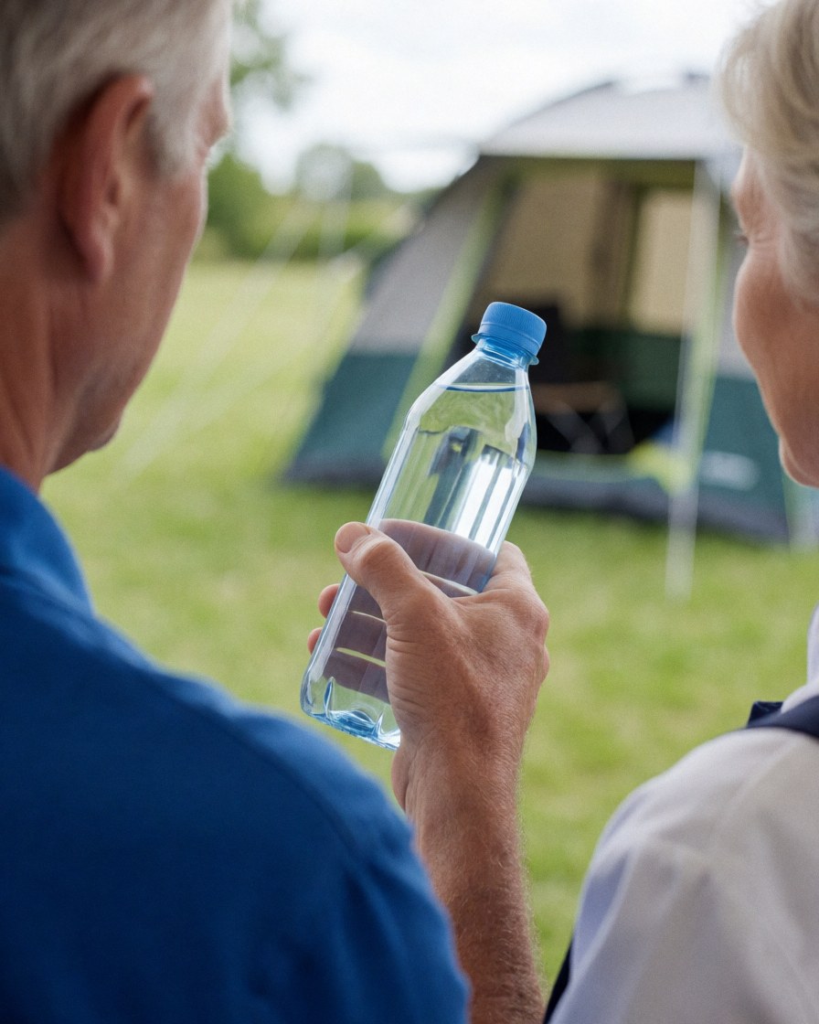 Back view of a customer holding a water bottle with a tent visible in the background at an outdoor campsite