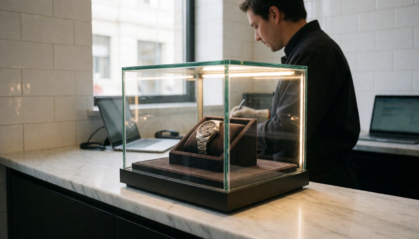 Luxury wristwatch inside a glass display case with interior lighting, resting on a velvet cushion atop a white marble counter in a watch repair shop.