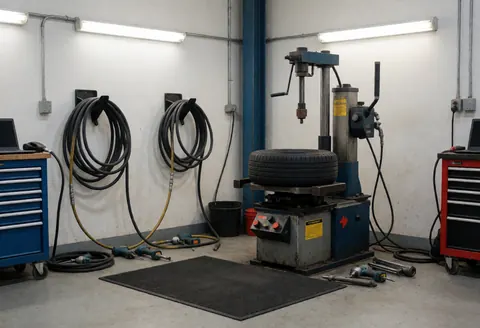 Tire repair shop interior featuring a wheel changer, air hoses, and professional tools under fluorescent lights