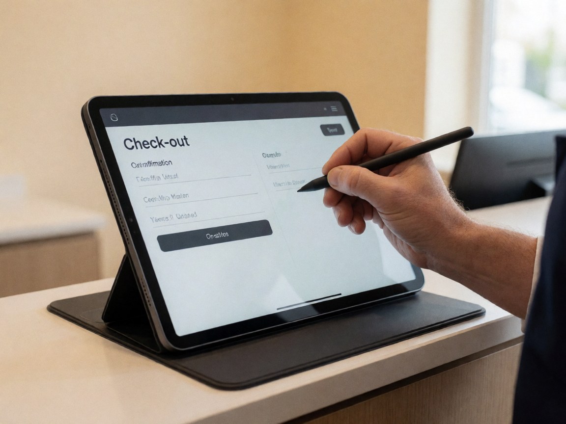 A hand uses a stylus to sign a checkout confirmation on a tablet screen at an apartment hotel reception desk.