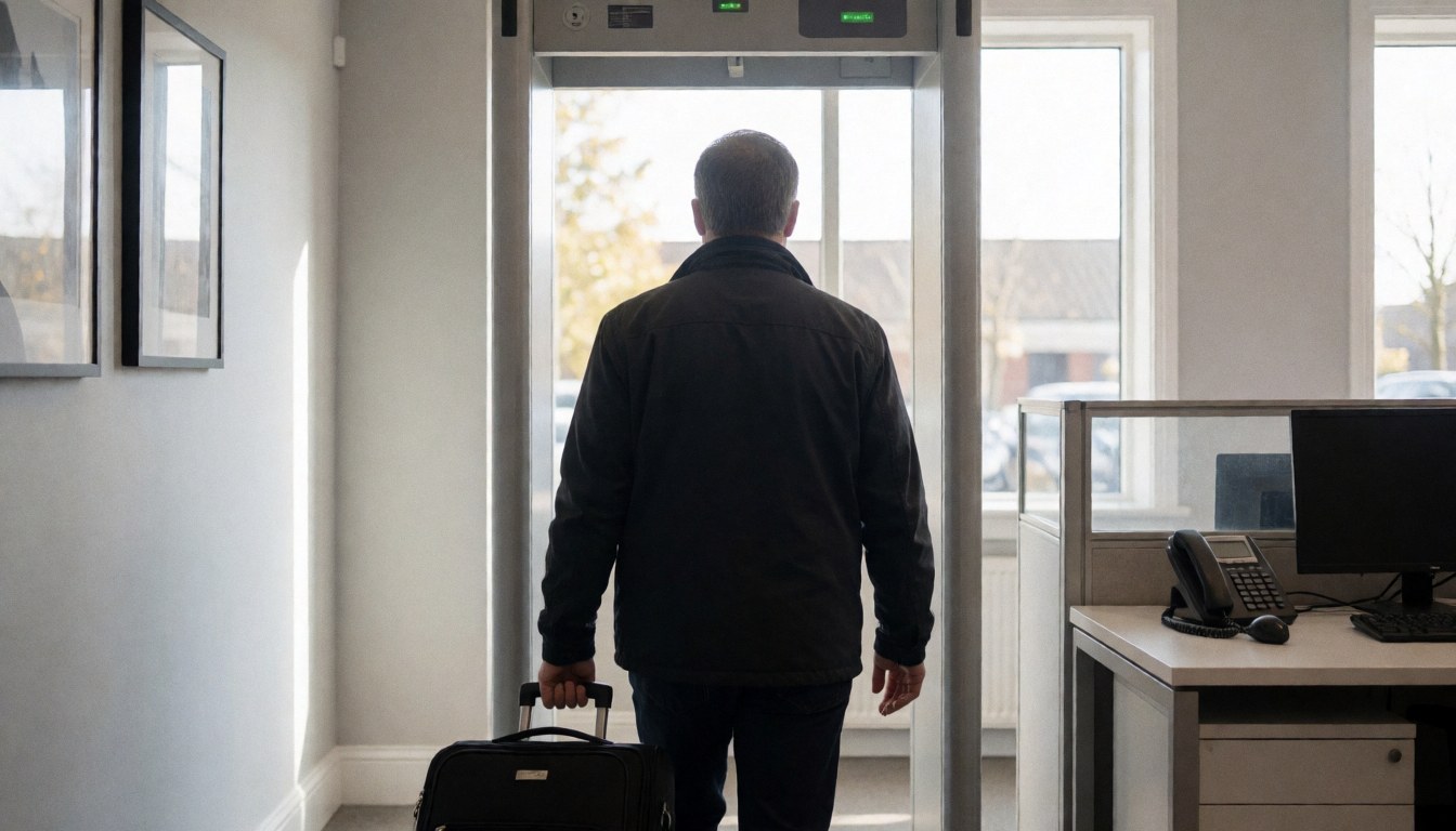 A traveler with a suitcase walks through a metal detector in a terminal with gray walls and natural light