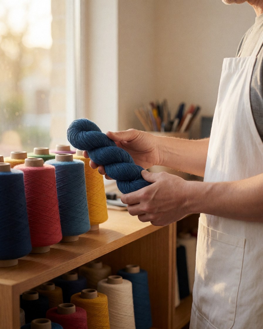 Close-up of hands selecting blue thread from colorful shelves in a bright craft workshop with natural light.