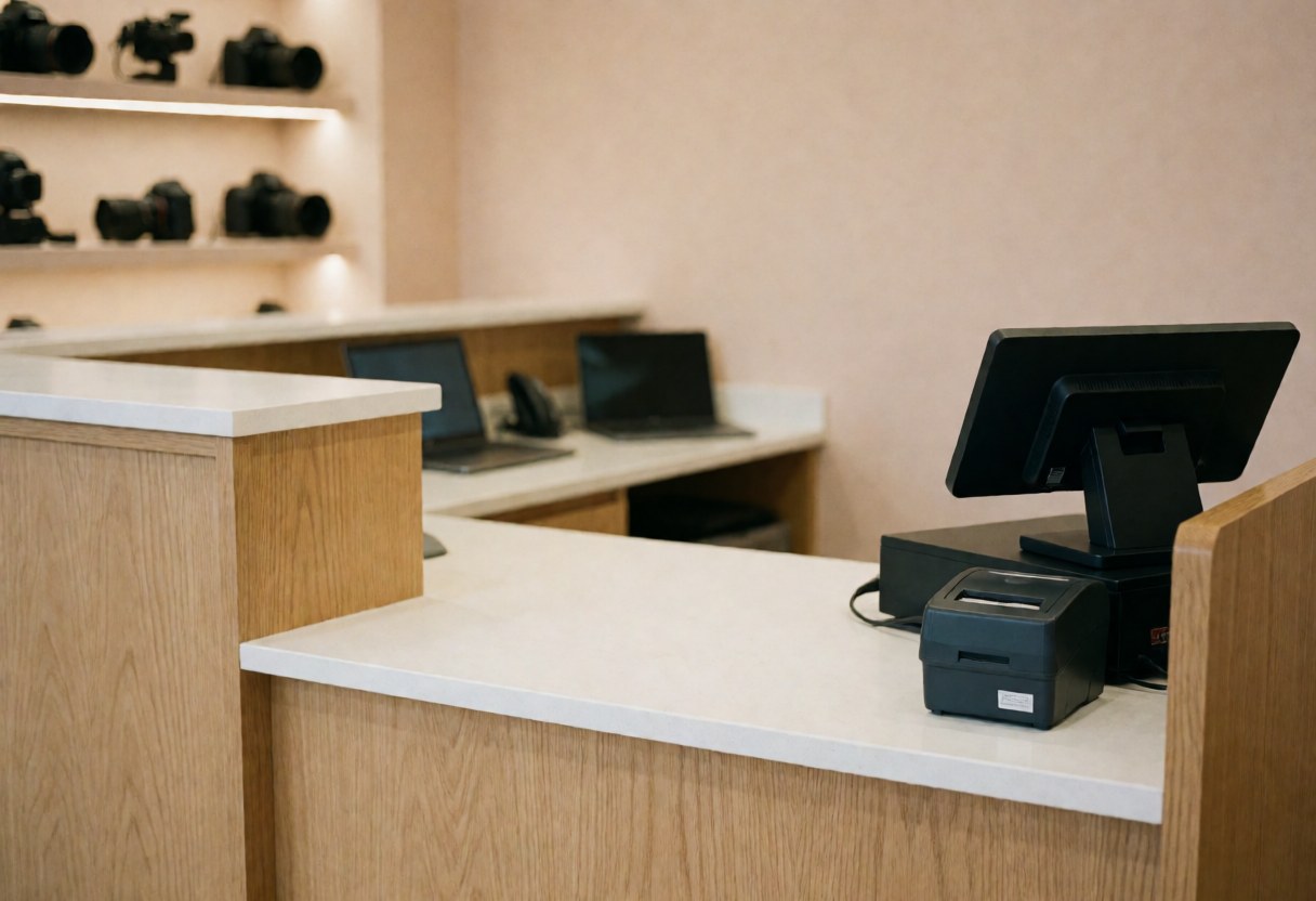 A clean photography workshop service counter featuring a cash register, printer, and cameras displayed on shelves against beige walls.