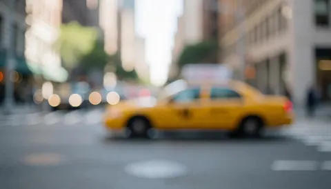 Out of focus urban background featuring a yellow taxi with bokeh lights, suitable for taxi service text overlays