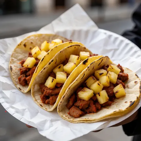 Tacos al pastor with grilled pineapple served on a paper plate, ideal for street food business