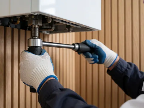 Close-up of gloved hands using a torque wrench to adjust a boiler valve against a wooden plank wall.