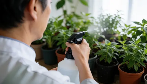 A professional gardener spraying potted plants with a sprayer in an indoor gardening scene with natural light