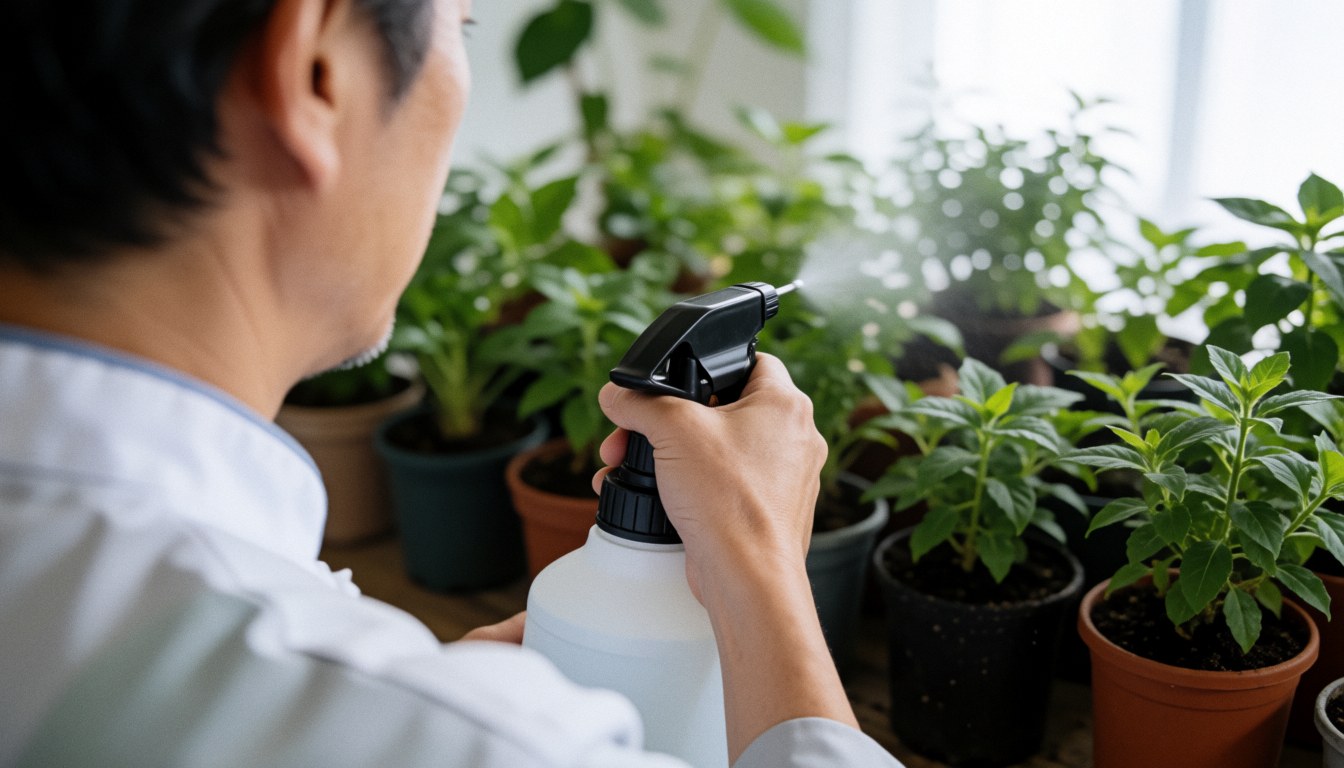 A professional gardener spraying potted plants with a sprayer in an indoor gardening scene with natural light