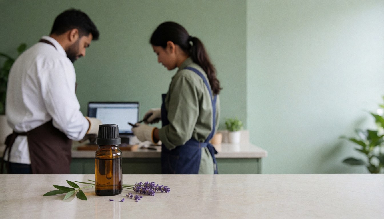 Amber essential oil bottle with lavender leaves and flowers on a light stone countertop in a room with soft green walls