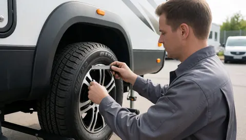 Technician uses a gauge to measure the tread depth of a camper tire in an outdoor workshop setting.