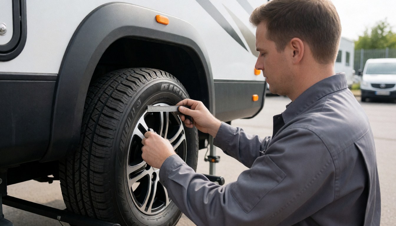 Technician uses a gauge to measure the tread depth of a camper tire in an outdoor workshop setting.