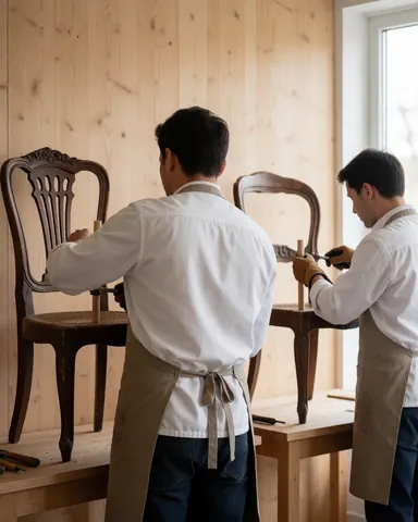 two carpenters working on antique chairs in a workshop with light wood walls and natural light