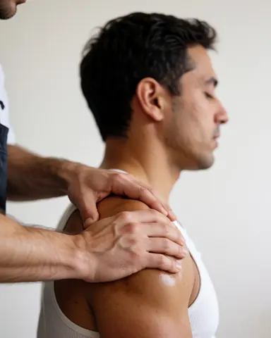 Close-up of a massage therapist using oil to apply pressure to a client's shoulder against a white wall during a body massage service