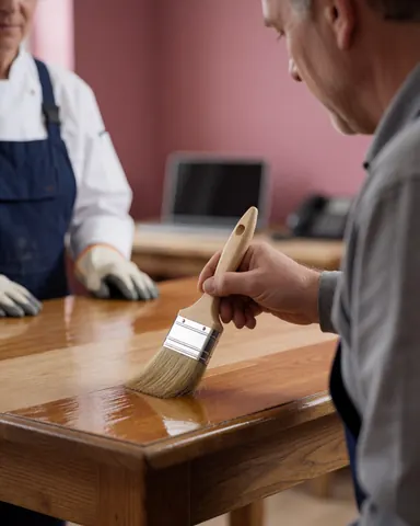 A carpenter uses a brush to apply varnish to a wooden table while a client watches in a workshop with pink walls.