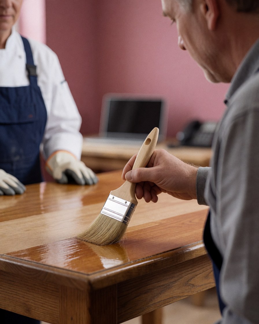 A carpenter uses a brush to apply varnish to a wooden table while a client watches in a workshop with pink walls.
