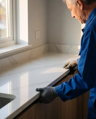 A kitchen installer adjusts a white quartz countertop over wooden cabinets in natural light while wearing protective gloves.