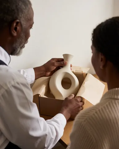 An artisan carefully places an elegant ceramic vase into a gift box lined with packing paper while a customer watches attentively in a pottery workshop.