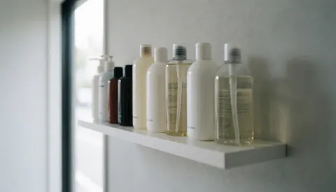 White shelf holding hair care bottles in a modern salon with gray wall and natural light