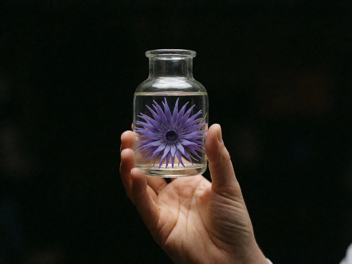 Close-up of a hand holding a glass vase with a purple flower in water against a dark background for event decoration