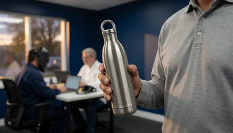 A stainless steel bottle with condensation drops held in an office with blue walls and warm sunset light