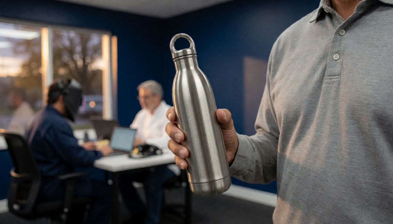 A stainless steel bottle with condensation drops held in an office with blue walls and warm sunset light