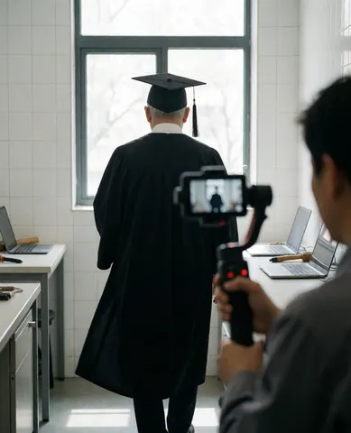 Photographer using a gimbal to film a graduate from behind near a window in a studio