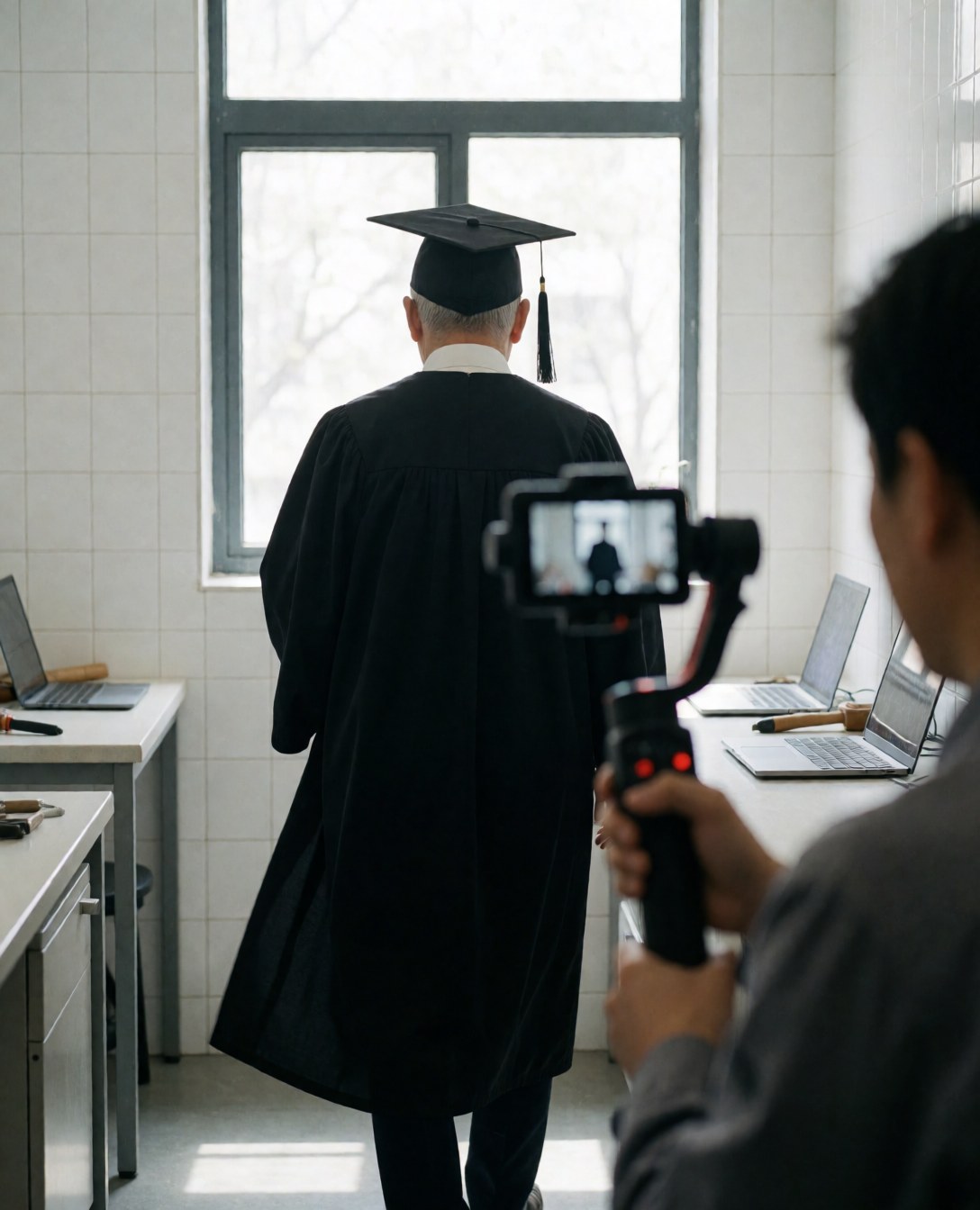 Photographer using a gimbal to film a graduate from behind near a window in a studio