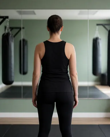 Female boxing instructor seen from behind in a gym with punching bags, mirrors, green walls, and wooden floor