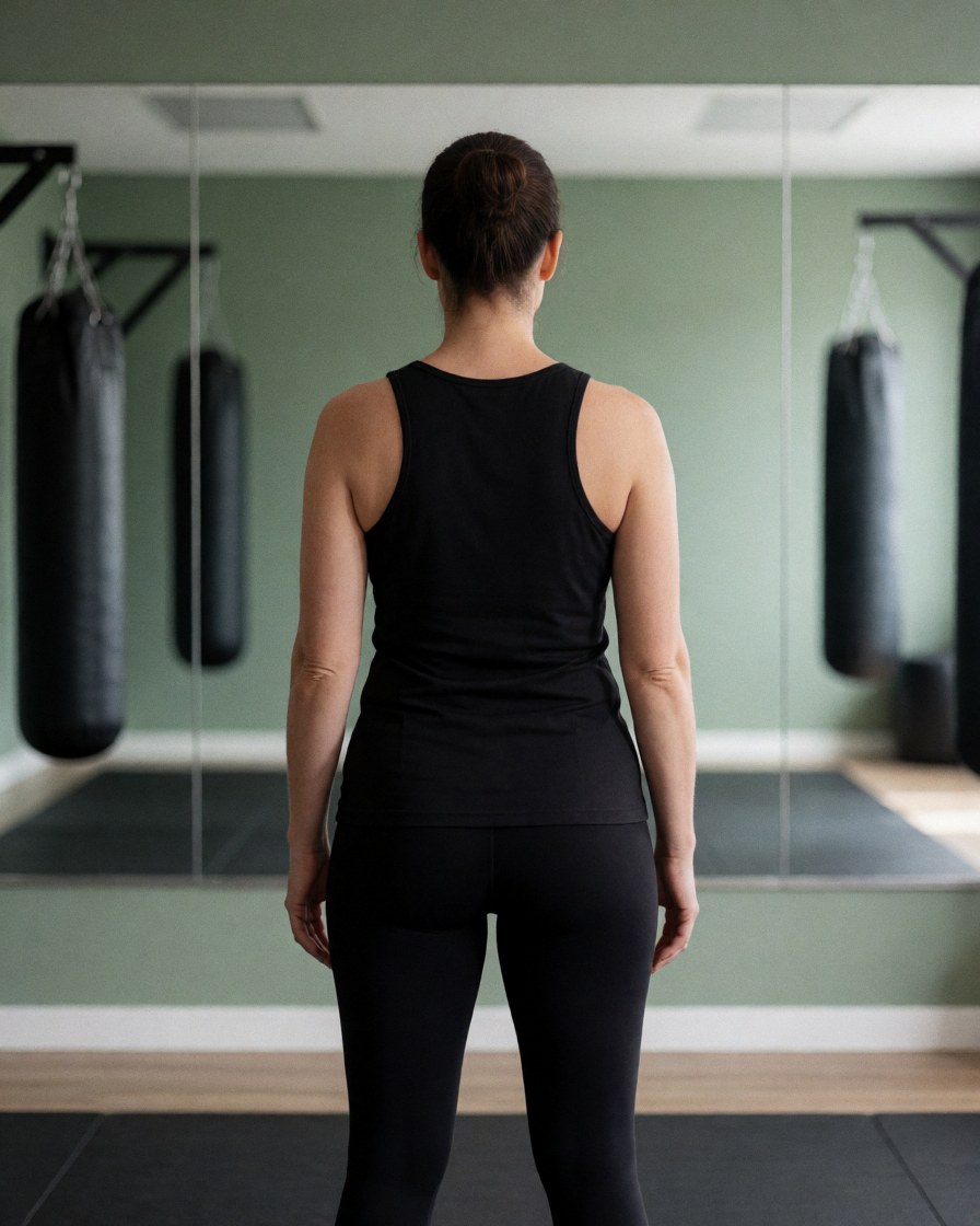 Female boxing instructor seen from behind in a gym with punching bags, mirrors, green walls, and wooden floor