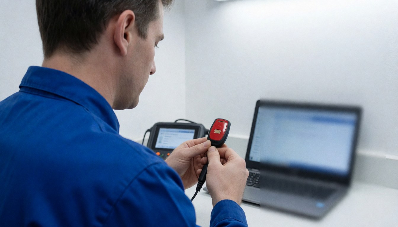 Technician in blue uniform programming a red transponder key with a chip near a digital device and laptop in a locksmith workshop