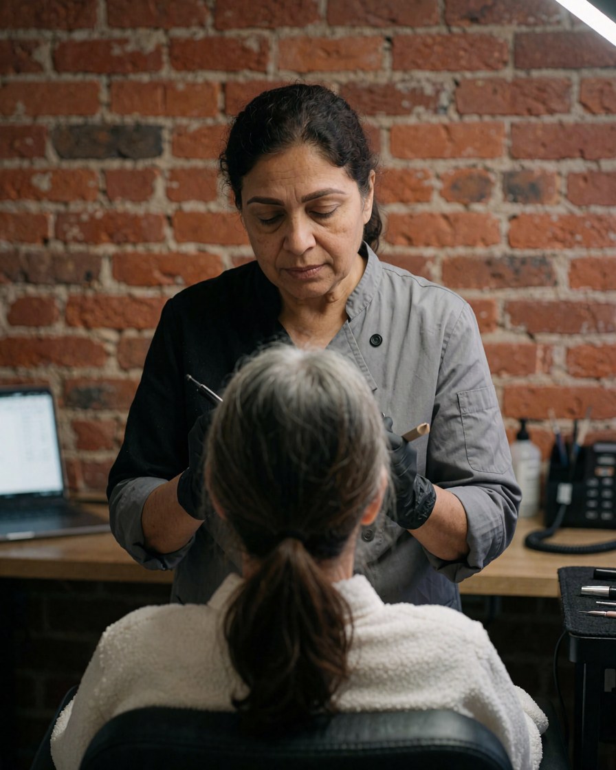 Close-up of gloved hands performing microblading on a seated client in a beauty studio with brick wall and tools visible