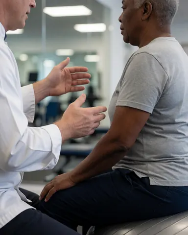Physiotherapist assists client with stretching on an exercise ball in a gym with mirrors and rubber flooring
