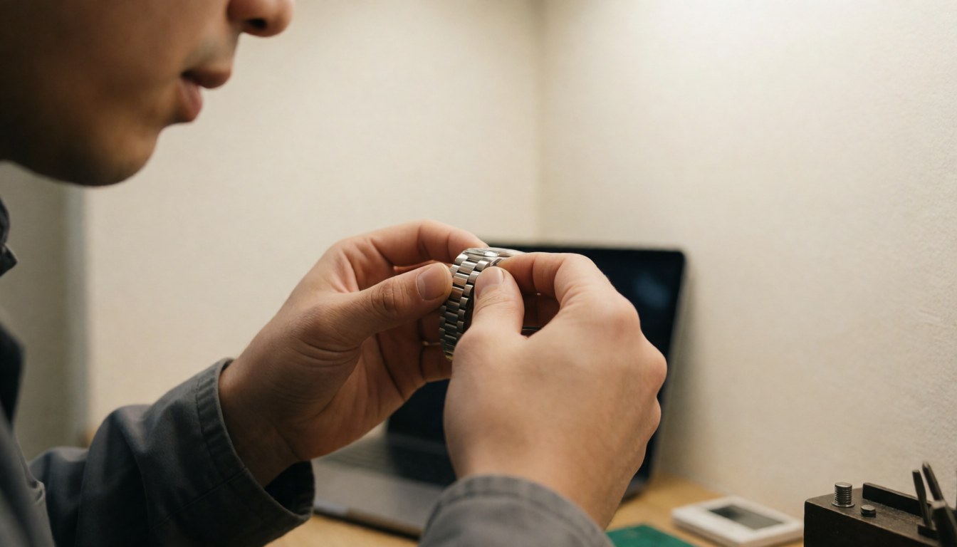 Close-up of hands carefully adjusting a metal watch bracelet during repair in a workshop with white walls and visible tools.