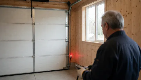 A technician inspects a red photoelectric sensor on a garage door frame in a wood-paneled interior with natural light.