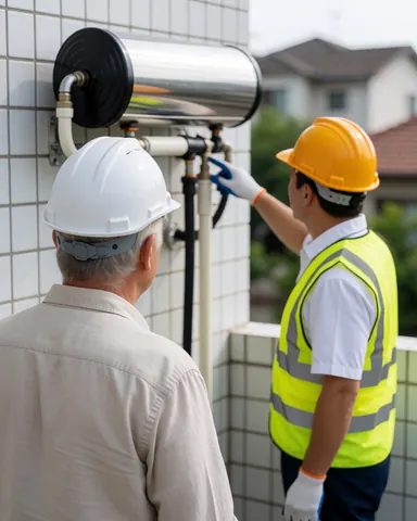 Worker in yellow hard hat installs solar heater on white tiled wall while client in white helmet watches.